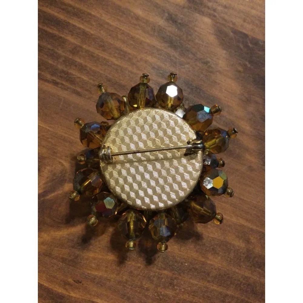 Vintage Mid Century Iridescent Copper Crystal Bead Cluster Brooch Old Money